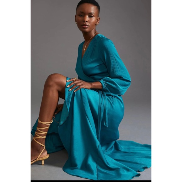 Anthropologie Maeve V-Neck Wrap Maxi Dress Womens Maeve V- Neck Turquoise size M - Picture 2 of 9